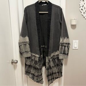 Indigo Thread Co. Black Gray Denim Jean Open Jacket Distressed Grunge Fringe XL